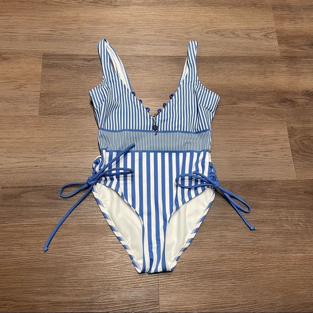 NWOT SILOETT- One Piece Swimsuit Blue and White Stripes